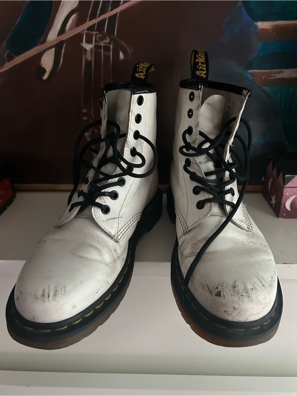 Dr. Martens White Leather Lace-Up Ankle Boots with Black Details